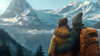 Back view of a young happy hiking couple of a loving girl & a boy, with backpacks in a mountain forest background. Outdoor adventure, traveling, enjoying nature concept.