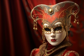 Detailed venetian mask with gold trim during the carnival, against a draped red velvet backdrop