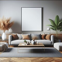 Frame mockup, ISO A paper size. Living room wall poster mockup. Interior mockup with house background. Modern interior design. 3D render illustration vector Generative Ai