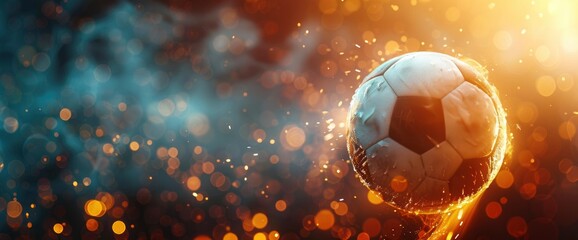 Fototapeta premium Glowing Football In An Abstract, Dark Void In Motion With Copy Space, Football Background