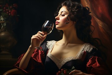 Sophisticated young woman in a classic dress savoring red wine, set against a dark, moody backdrop