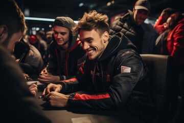 A group of diverse individuals are seated around a table, engaged in conversation and interaction. One person, a professional gamer, is signing autographs for fans amidst the lively gathering