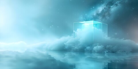 Exploring an Advanced Data Center Cube in the Cloud with Stars and Soft Lighting. Concept Data Center Automation, Cloud Computing, Advanced Technology, Starry Skies, Soft Lighting
