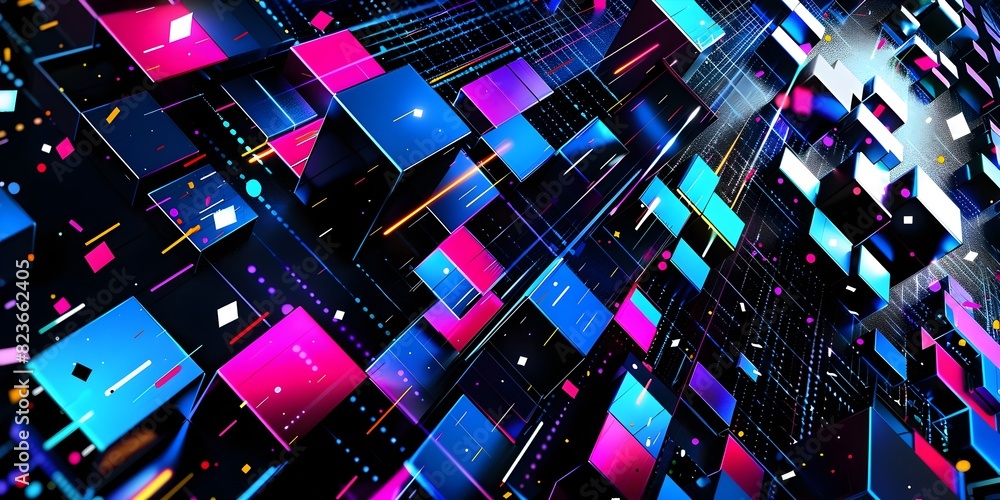 Poster dynamic futuristic abstract backdrop with vibrant neon geometric shapes and patterns