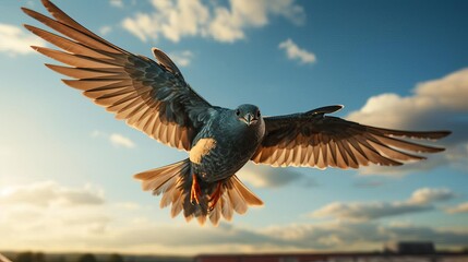 A bird in flight being photographed by students, teaching techniques for capturing speed and freedom, selective focus, freedom theme, vibrant, Fusion, open sky background