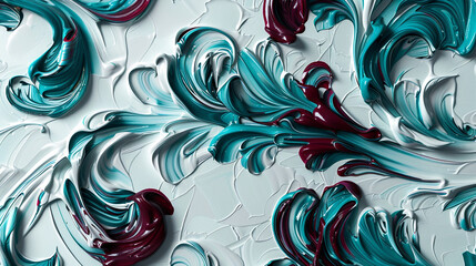 Teal and burgundy oil paint intricately swirled on a white canvas, reflecting a sophisticated, classic abstract motif.