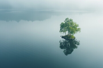 Aerial view of a lone island in the middle of a calm lake, surrounded by still water. Highlight the isolation and minimalist beauty of the scene, with the island as the focal point. 