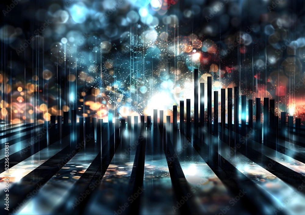 Poster dynamic financial data visualization with futuristic glitch effect on abstract background