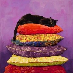 A black cat is laying on top of a stack of pillows