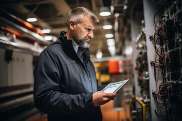 A man wearing a black jacket is focused on a tablet screen, possibly analyzing data or information. He seems engaged in the task at hand, with a serious expression on his face