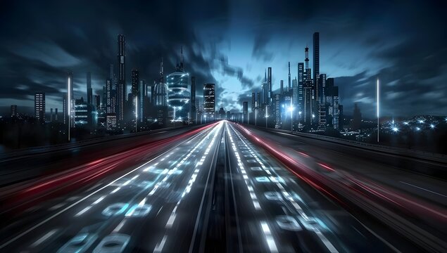 Futuristic Cityscape with Illuminated Highways and Skyscrapers Depicting Technological Progress and Urban Development