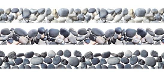 Collection of black round pebbles border texture pattern isolated on transparent or white background