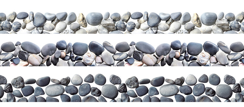Collection of black round pebbles border texture pattern isolated on transparent or white background