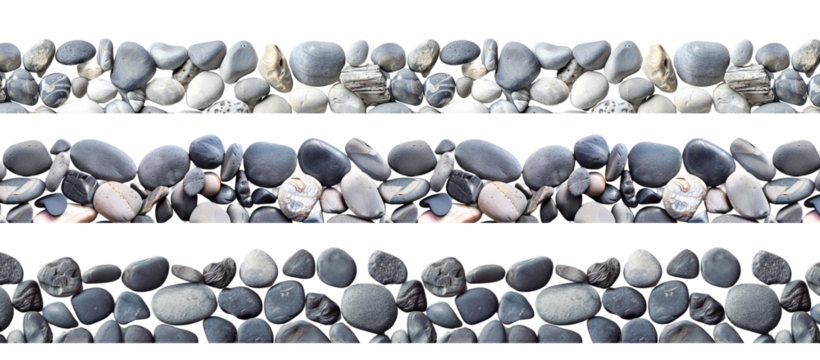 Collection of black round pebbles border texture pattern isolated on transparent or white background