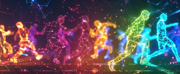 Neon Outlines Of Football Players In A Cyber World With Copy Space, Football Background
