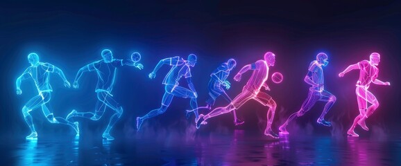 Obraz premium Neon Outlines Of Football Players In Action With Copy Space, Football Background