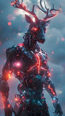 Captivating Cyborg Deer Warrior with Gleaming Metallic Exoskeleton and Glowing Cybernetic Enhancements in Dramatic Smoke-Filled Scene