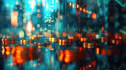 Obraz premium Double exposure of graph, stock display and rows of coins for finance and banking concept