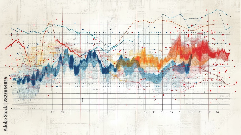 Poster Artistic representation of a complex, colorful financial data analysis graph overlaid on a faded background