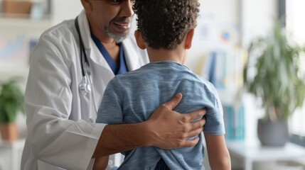 Fototapeta premium Pediatrician examining child's back in a brightly lit clinic.