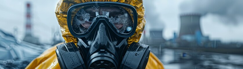 Fototapeta premium Person in a protective hazmat suit and gas mask against a background of industrial smokestacks and pollution. Environmental hazard theme.