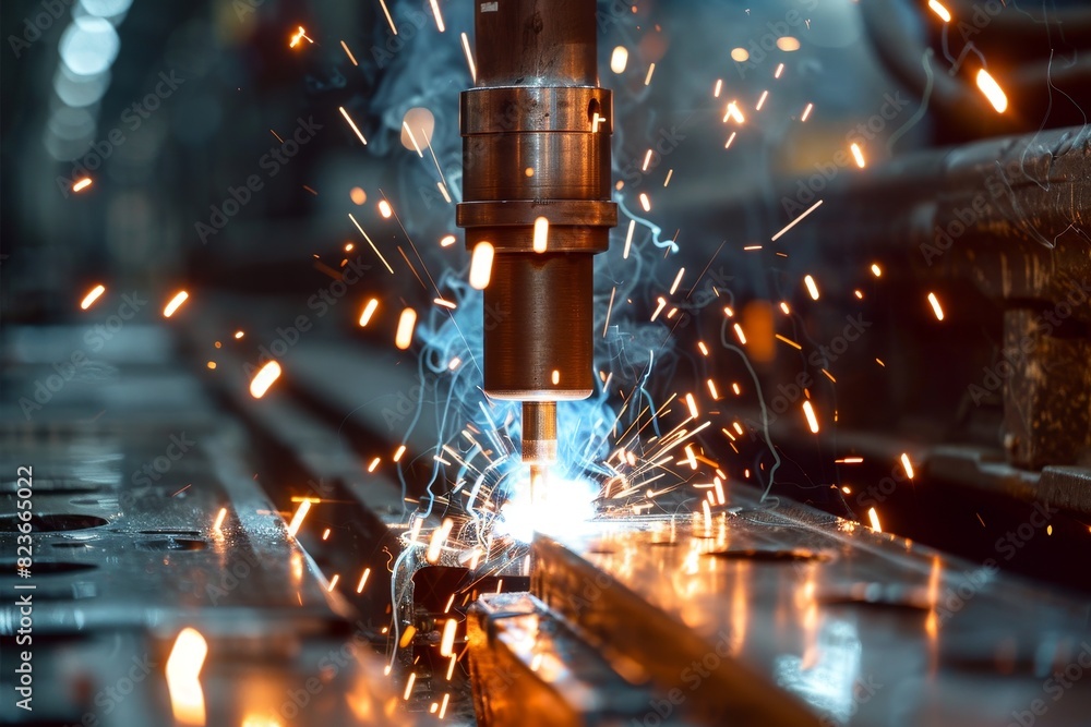 Poster close-up of a welding equipment in action creating bright sparks in an industrial setting demonstrat