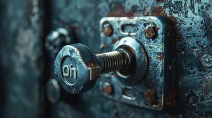 Close-up of a vintage metal switch lever with rust, showcasing industrial design and texture. Perfect for backgrounds, mechanics, and steampunk themes.