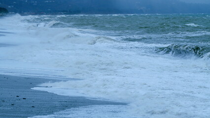 Massive Waves Crash Into Shore In Typhoon And Hurricane Force Wind Storm. Adjara, Georgia. Static.