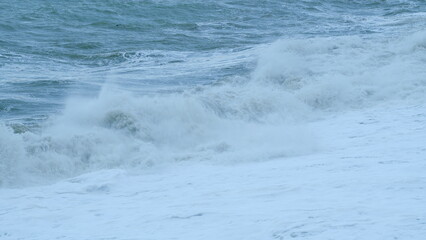 Vitality Of Blue Energy And Dark Water. Huge Sea Waves Crash Powerfully In Storm. Static.