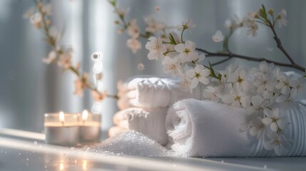 White towels and candles on marble table with blurred background of cherry blossoms.