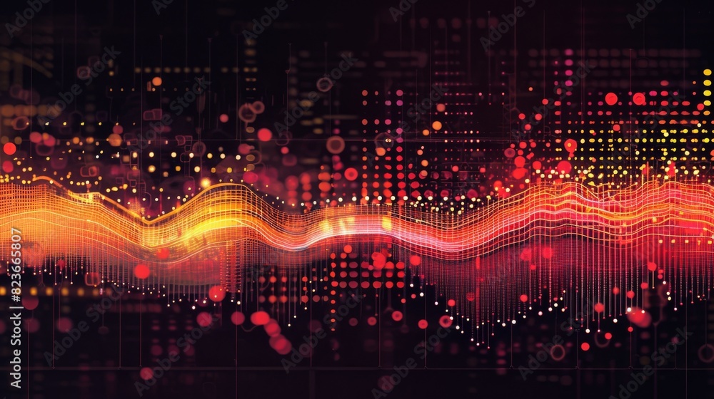 Poster abstract digital waveforms glowing in red on a black background, representing sound, data flow, or e