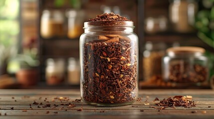 artisan tea blends, rooibos tea leaves in a glass jar, with rich red hues promising robust flavors when brewed a delight for true tea lovers