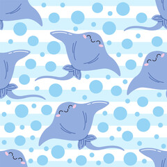 Naklejka premium A children's vector seamless pattern with a cute sea stingray and bubbles on a background of blue stripes. Ideal for baby bedding, wallpaper, wrapping paper, fabric, textiles, T-shirt prints