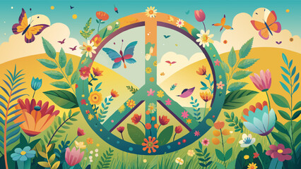 Serene Nature Peace Sign Illustration with Vibrant Flora and Fauna. Vector illustration for International Peace Day