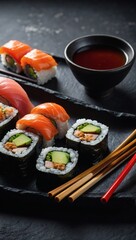 Sushi spread, soy sauce, chopsticks, sushi sets on black slate plates, red and black backdrop