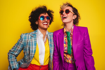 couple women in sunglasses and suits; cheerful colors, smiling adults in sunglasses; enjoying teamwork concept