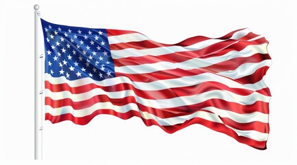 The American flag is waving in the wind, white background