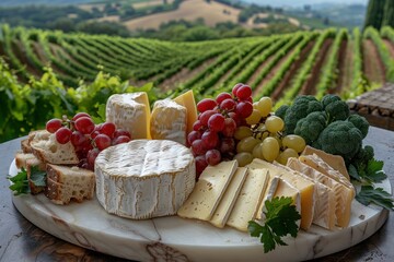 A platter of cheese, grapes, and broccoli on a table