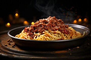 Tasty spaghetti bolognese on a metal tray against a rustic textured paper background