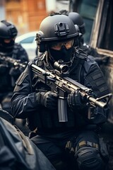 A group of men dressed in military gear are heavily armed with guns, possibly counter terrorism operatives. They appear to be coordinating their actions and preparing for a mission
