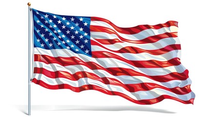 The American flag is waving in the wind, white background