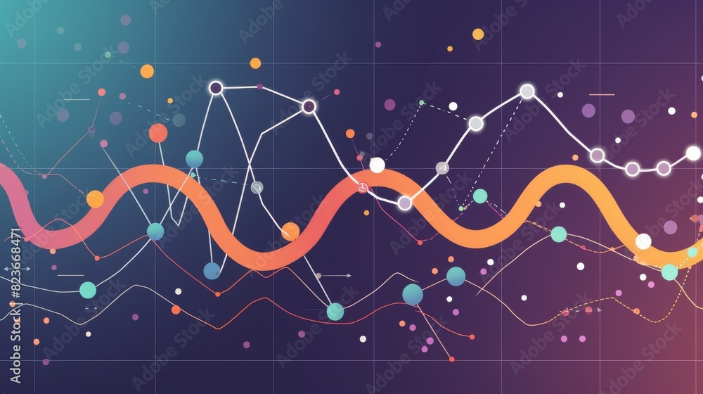 Poster an abstract digital illustration showing various data visualization curves and nodes in vibrant colo