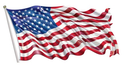 Obraz premium The American flag is waving in the wind, white background