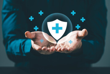 Health insurance and medical welfare concept. Hand with plus sign and medical icons, health and access to healthcare Get people interested in health care