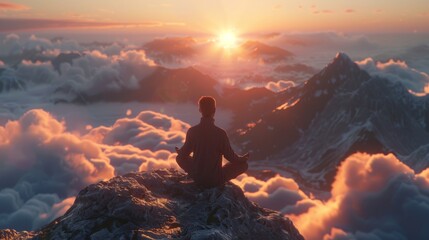 Obraz premium A man is sitting on a mountain top, looking out at the sunset