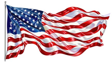The American flag is waving in the wind, white background