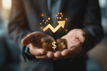 Businessman holds up an arrow icon and percentage with graph indicators for investment growth.