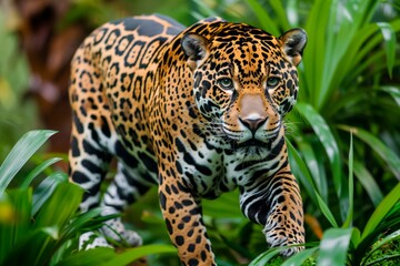 Obraz premium Jaguar walking through the rainforest