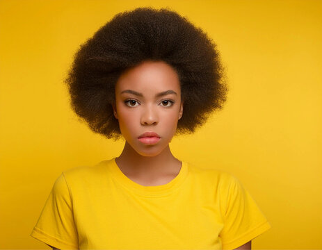 Close up em uma mulher s&eacute;ria, bonita, negra, cabelos afro, usando camiseta amarela, com fundo amarelo.