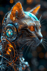 Enigmatic Cyborg Feline Warrior with Holographic Displays and Mystical Energy Field in Cinematic Photographic Style